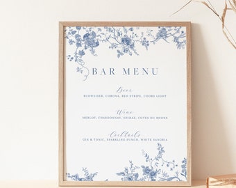 Modèle de signe de menu de bar floral bleu, signe de boisson de mariage, floral bleu marine, floral marine, menu de boissons, signe modifiable, téléchargement immédiat 43