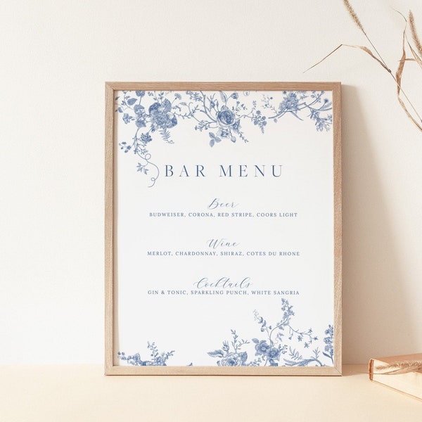 Blue Floral Bar Menu Sign Template, Wedding Drink Sign, Navy Blue Floral, Navy floral , Drinks Menu, Editable Sign, Instant Download 43