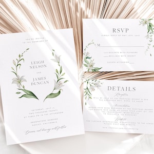 White Floral Wedding Invitation Set Template Editable Modern Wedding Lily Wedding Invite Delicate Floral Wedding Suite Botanical Greenery 27
