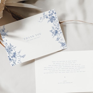 Tarjeta de agradecimiento con flores azules, tarjeta de agradecimiento azul marino, tarjeta romántica, plantilla de agradecimiento de boda imprimible, tarjeta de agradecimiento de boda editable, descarga instantánea 43