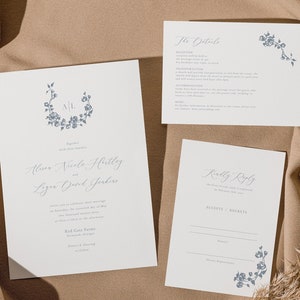Dusty Blue Invitation Set, Monogram Wreath Invitation, Wedding Template, Royal Wedding Invite, Minimalist Royal Blue Invitation 53