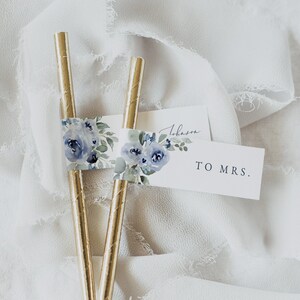 Blue Floral Straw Tag Template, Bridal Shower Straw Tags, Editable Wedding Favor Straw Flags, Printable Drink Flag, Party Straw Tag 34