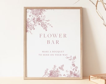 Dusty Rose Flower Bar Sign, Vintage Flower Bar Bridal Shower Sign, Build Your Bouquet Sign, Blue Floral Victorian Wedding Favor, Instant 24