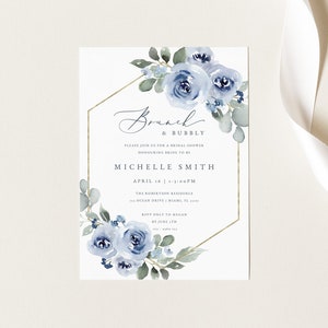 Brunch and Bubbly, Bridal Shower Invitation Template, Dusty Blue Printable Wedding Shower Invite, Editable Boho Navy Blue Floral Greenery 34