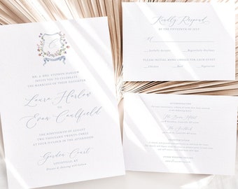 Floral Crest Wedding Invitation Set, Watercolor Floral Crest, Wildflower Crest Invite, Wedding Monogram Invitation Set, Printable Invite 35