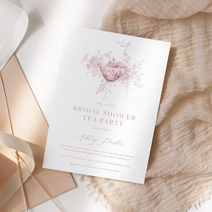 Bridal Shower Tea Party Invitation Template, Editable Time For Tea Invite, Dusty Pink Floral, Printable Bridal Shower, Instant Download 24