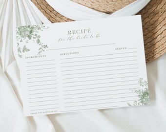 Green Floral Recipe Card Template: Bridal Shower Insert (Digital Download)