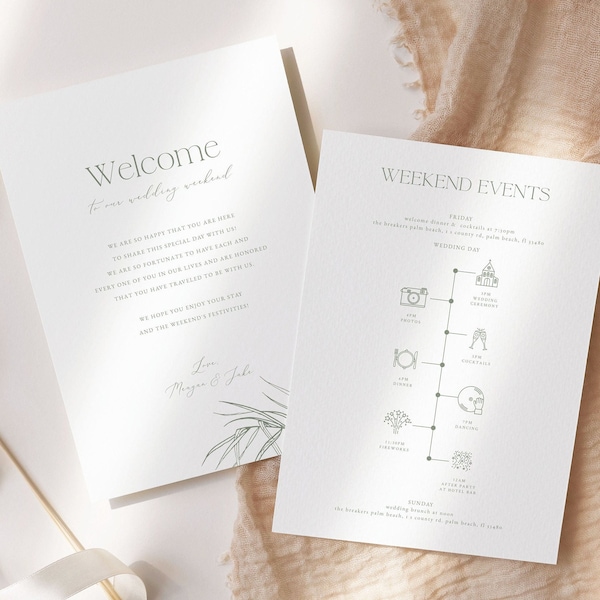 Editable Wedding Timeline Palm Leaf, Palm Welcome Note, Wedding Gift Bag, Weekend Itinerary, Welcome Bag, Printable Order of Events 06