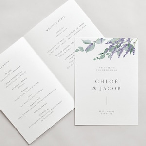 May include: Wedding ceremony programme with a lavender and eucalyptus floral design. The programme lists the order of events for the wedding of Chloe and Jacob, taking place on 14 July 2023 in Miami, Florida.