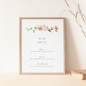 Plantilla de letrero de menú con flores de primavera, letrero de bebida para bodas, flores de peonía, menú de bar con flores silvestres, menú de bebidas, letrero editable, descarga instantánea 12