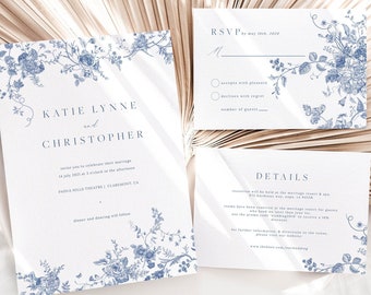 Vintage Floral Wedding Set, Navy Blue Invitation Template, Printable Invitation Set, Instant Download, Botanical Wedding Invite 43