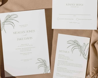 Palm Leaf Wedding Invitation, Beachy Wedding Invite, Frawn Invitation Template, Palm Tree Invite Set, Editable Wedding, Instant Download 06