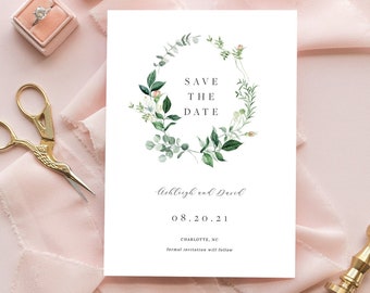 Greenery Wreath Save the Date Template, Save the Date Cards, Floral Wreath, Save our Date Printable, Editable Template, Instant Download 40