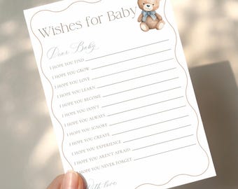 Blue Teddy Bear Baby Shower Wishes For Baby – We Can Bearly Wait Theme (Instant Download)