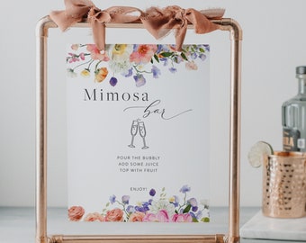 Bright Floral Mimosa Bar Sign, Bridal Shower Mimosa Sign, Colorful Floral Bubbly Bar, Wedding Sign Template, Wedding Brunch Sign 23