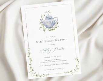 Bridal Shower Tea Party Invitation Template, Editable Time For Tea Invite, French Blue Greenery ,Tea Party Wedding Shower, Tea Template 61