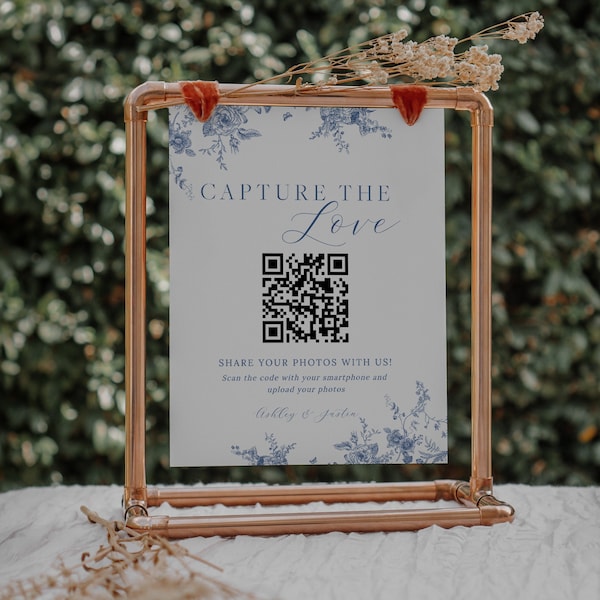 Capture the Love Wedding QR Code Sign, Share Your Photos Sign, Toile QR Code Sign, Navy Blue Floral Photo Sign Template, Instant Download 43