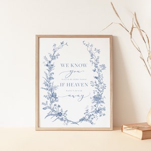 Sabemos que estarías aquí hoy si el cielo no estuviera tan lejos, letrero conmemorativo para mesa, letrero imprimible en memoria, letrero floral azul marino 43