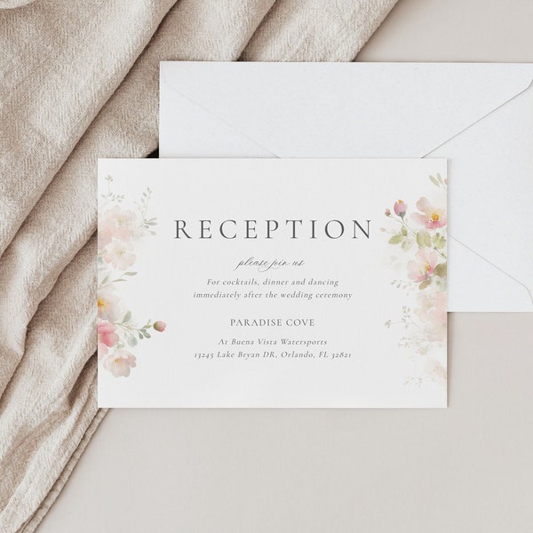 Blush Floral Reception Card, Printable Reception Card, Wedding Reception Insert Card Template, Editable Template, Reception Template 62