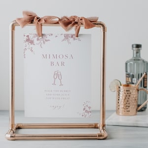 Pink Floral Mimosa Bar Sign, Bridal Shower Mimosa Sign, Wedding Mimosa Bubbly Bar, Wedding Sign Template, Minimalist Wedding Brunch Sign 24