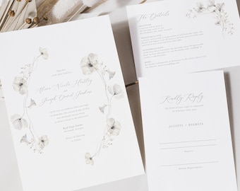 Delicate Floral Wedding Invitation Set, Ethereal Wedding Set, Neutral Ivory Floral Template, Whimsical Flowers Muted Colors, Gold Touches 20