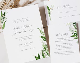 Conjunto de bodas de lirio del valle, plantilla de invitación floral blanca, conjunto de invitaciones imprimibles, descarga instantánea, invitación de boda botánica 16