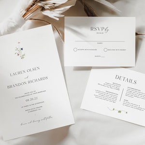 Set di inviti con fiori di campo, modello per matrimonio con fiori di campo, invito per matrimonio con fiori estivi, invito minimalista, fiori pressati 05