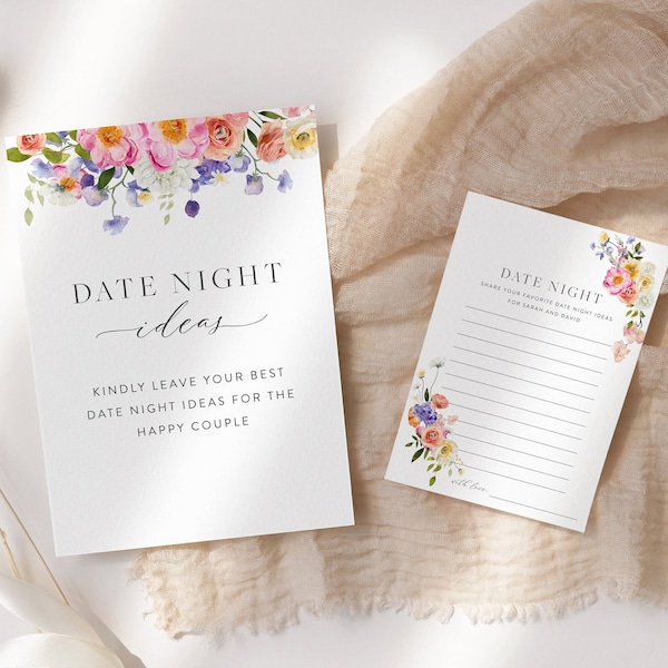 Date Night Ideas Template, Colorful Floral Bridal Shower Date Night Card Insert, Pink Date Night Ideas, Printable Wedding Advice Template 23