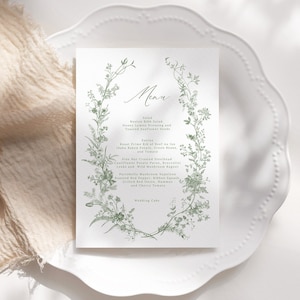 Vintage Blumenhochzeitsmenüvorlage, grünes druckbares Menü, bearbeitbares Menü, Sofortiger Download, Romantisches Abendmenü, bearbeitbare Vorlage 26