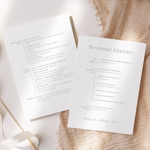 Note de bienvenue de mariage imprimable, modèle d'itinéraire de week-end, carte de programme d'événements, minimaliste moderne, chronologie de week-end de mariage 02