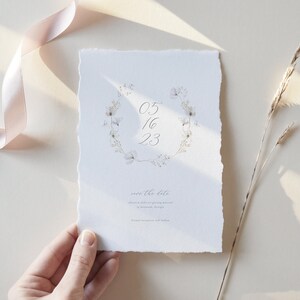 Minimalistische Blumen speichern die Datumsvorlage, weiße Blumen speichern das Datum, Blumenkranz Hochzeit, speichern unser Datum, sofortiger Download, bearbeitbare 20