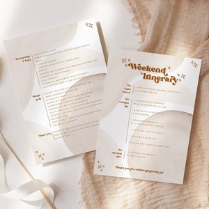 Modèle d'itinéraire de week-end rétro, carte calendrier des événements groovy, Palm Springs imprimable, terre cuite des années 70 mariage week-end du temps 18