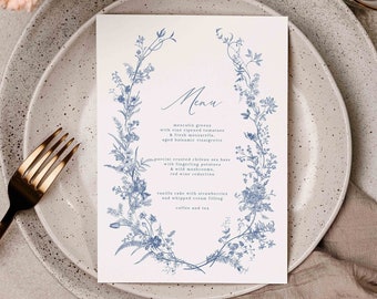 Vintage Floral Wedding Menu Template, Blue Printable Menu, Editable Menu, Instant Download, Romantic Dinner Menu, Editable Template 43