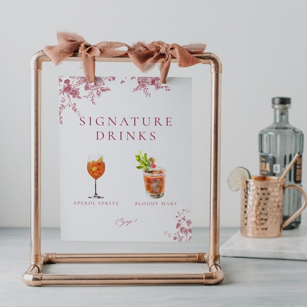 Pink Floral Vintage Signature Cocktails Sign, Bar Menu Template, Wedding Bar Sign, Printable Signature Drink Sign, His and Hers Bar Sign 38