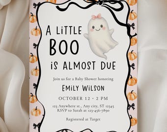 A Little Boo Is Almost Due: Pink Ghost Girl Baby Shower Invitation (Editable Fall Pumpkin Template)