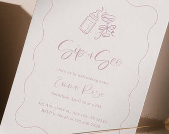 Editable Sip and See Invitation Template - Meet the Baby Girl Invite (Instant Download)