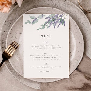 Lavendelmenu, bewerkbare sjabloon, paarse bloemenmenu, lila bruiloft, afdrukbaar menu, boho-groen, bewerkbaar dinermenu, direct downloaden29