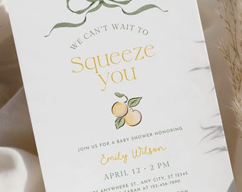 Lemon Baby Shower Invitation, Can't Wait To Squeeze You Template (Editable with Canva)