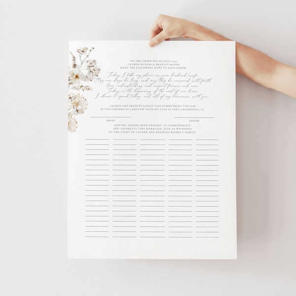 Wildflower Quaker Marriage Certificate Template Guest Book, White Neutral Floral Alternative Guest Book, Boho Wedding Certificate 03