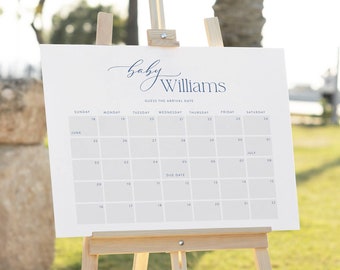 Gioco per baby shower "Indovina la data prevista" in blu, Cartello per il gioco "Indovina la data di arrivo", Calendario della data prevista del parto, Indovina il compleanno 43