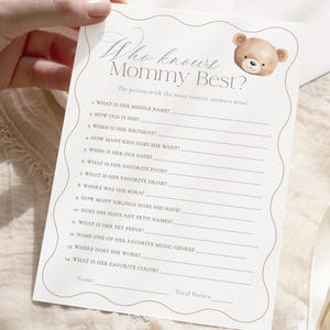 Baby Shower con orsacchiotto blu: chi conosce la mamma? Il miglior gioco - Tema &quot;We Can Bearly Wait&quot; (download immediato)