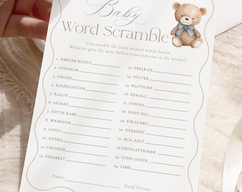 Blue Teddy Bear Baby Shower Word Scramble Game – We Can Bearly Wait Theme (Instant Download)