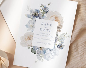 Dusty Blue Floral Save the Date Template, Watercolor Blue Flowers Printable Save the Date, Save our Date, Editable Instant Download 63