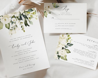 White Floral Wedding Invitation Set Template Greenery White Rose Printable Wedding Invitation Suite Instant Download Editable PDF 21