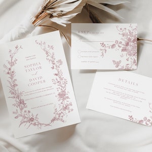 Vintage Floral Wedding Set, Dusty Pink Invitation Template, Dusty Rose, Printable Invitation Set, Victorian Era, Bridgerton Themed 24