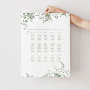 Groene bloemen zitplaatsen, vintage bloemen bruiloft zitplaatsen, botanisch bord, instant download, afdrukbare plattegrond, bewerkbaar bord 26