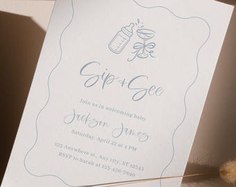 Editable Sip and See Invitation Template - Meet the Baby Boy Invite (Instant Download)