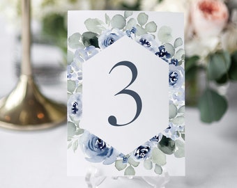 Numéro de table floral bleu poussiéreux, imprimable, numéro de table marine, modèle modifiable, téléchargement instantané, numéros de table de réception Boho Wedding 34