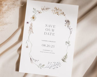 Neutral Wildflower Save the Date Template, White Flowers Save the Date, Floral Wreath Wedding, Save our Date, Instant Download, Editable 03