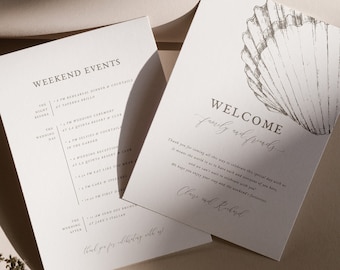 Welcome Letter and Timeline Template, Seashell Wedding Weekend Itinerary, Modern Minimalist Wedding Order of Events, Instant Download 32